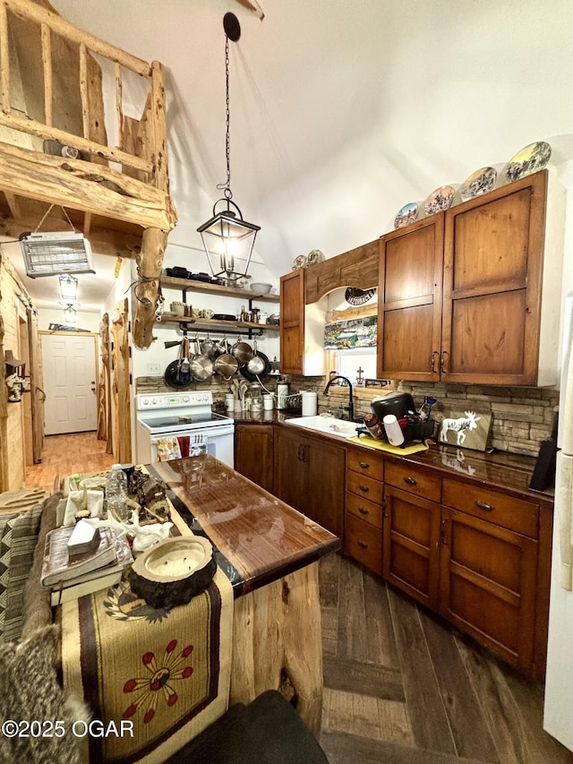 17568 Jordan Ln, Neosho, MO 64850 - kitchen with white appliances, open shelves, brown cabinetry, dark wood-type flooring, and tasteful backsplash