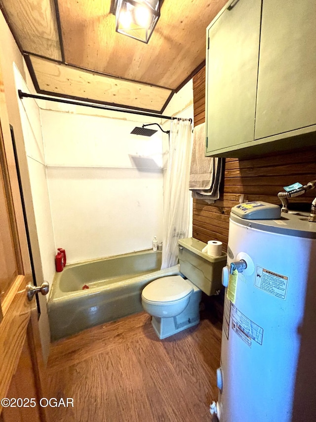17568 Jordan Ln, Neosho, MO 64850 - bathroom featuring gas water heater, wood finished floors, shower / tub combo with curtain, wooden walls, and lofted ceiling
