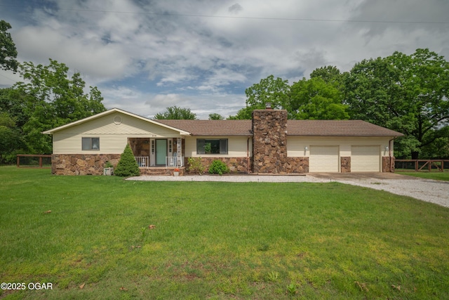 214 S Ozark Trl, Goodman, MO 64843 - single story home with gravel driveway, a porch, a front lawn, an attached garage, and a chimney