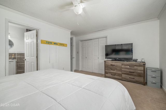 214 S Ozark Trl, Goodman, MO 64843 - carpeted bedroom with a closet, ceiling fan, and ornamental molding