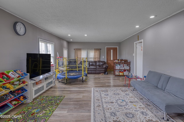 602 N Grand St, Pittsburg, KS 66762 - living area with a textured ceiling, wood finished floors, recessed lighting, and crown molding