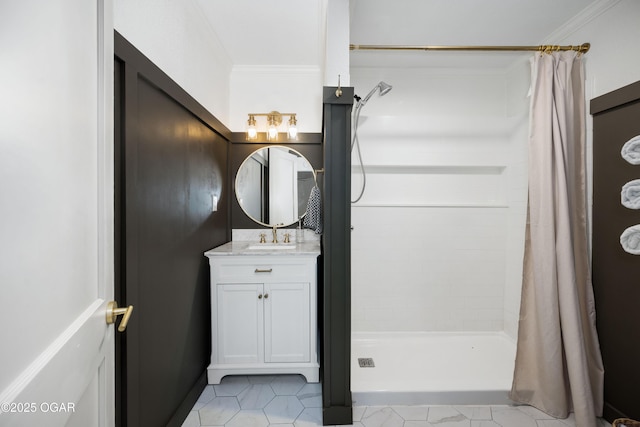 424 S Mcconnell Ave, Joplin, MO 64801 - bathroom with crown molding, tiled shower, vanity, and tile patterned flooring