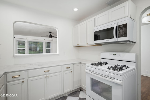 424 S Mcconnell Ave, Joplin, MO 64801 - kitchen with white appliances, a ceiling fan, white cabinetry, light stone counters, and recessed lighting