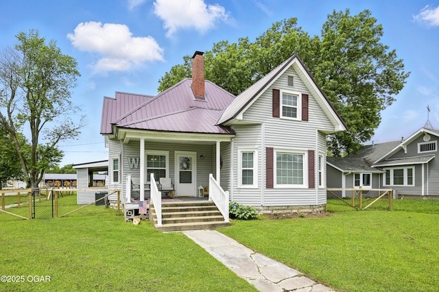 301 N 1st St, Jasper, MO 64755 - bungalow-style house with a porch, a chimney, a metal roof, and a gate