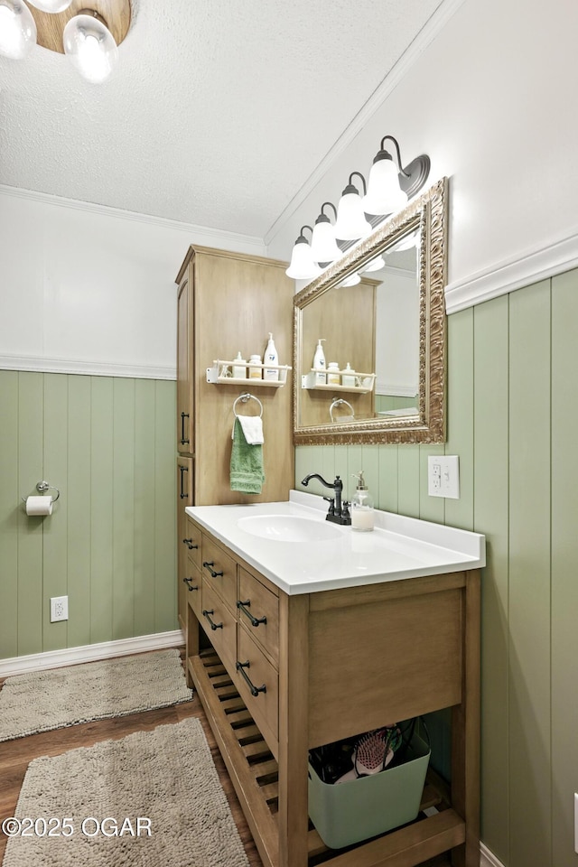 301 N 1st St, Jasper, MO 64755 - bathroom featuring vanity, wood finished floors, a wainscoted wall, and ornamental molding