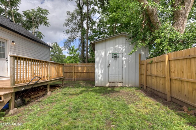 421 W 6th St, Baxter Springs, KS 66713 - fenced backyard featuring a shed and a wooden deck