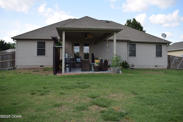 1902 E Natalie Ln, Joplin, MO 64801 - rear view of house featuring crawl space, ceiling fan, roof with shingles, and a patio