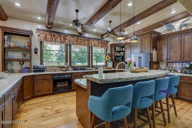 10640 Durango Ln, Carthage, MO 64836 - kitchen featuring black appliances, light wood finished floors, open shelves, beamed ceiling, and backsplash