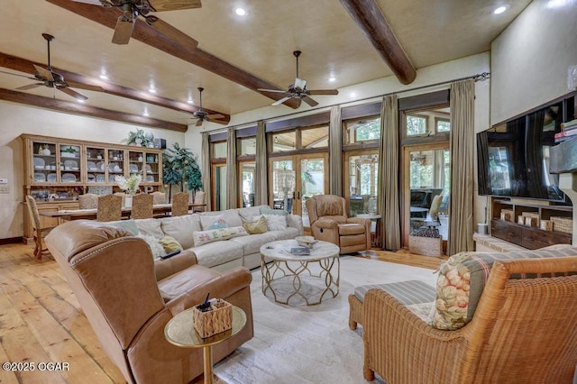 10640 Durango Ln, Carthage, MO 64836 - living area with beamed ceiling, a ceiling fan, light wood-style floors, and recessed lighting