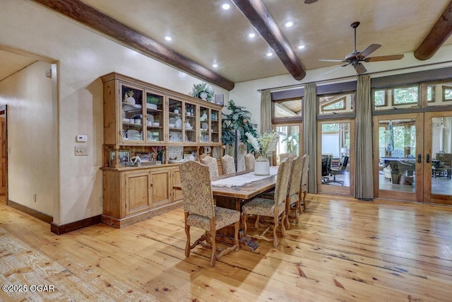 10640 Durango Ln, Carthage, MO 64836 - dining room featuring beam ceiling, light wood-style floors, ceiling fan, french doors, and recessed lighting