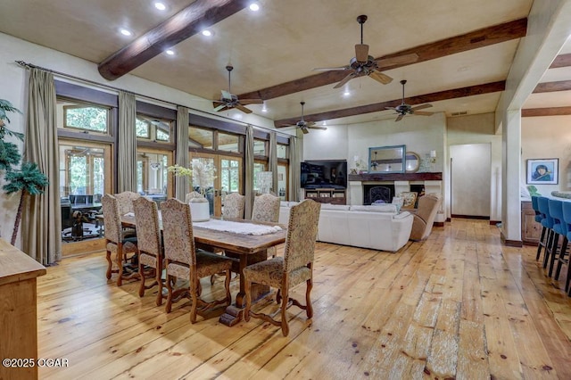 10640 Durango Ln, Carthage, MO 64836 - dining room featuring beam ceiling, light wood-type flooring, recessed lighting, and a ceiling fan