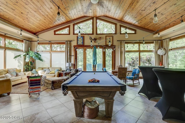 10640 Durango Ln, Carthage, MO 64836 - rec room with tile patterned flooring, pool table, wood ceiling, and high vaulted ceiling