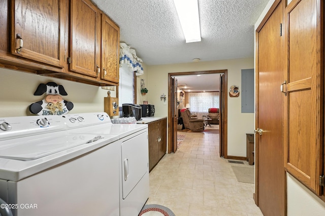 2015 W Zora St, Joplin, MO 64801 - washroom with cabinet space, washing machine and dryer, a textured ceiling, electric panel, and light tile patterned floors