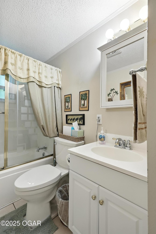 2015 W Zora St, Joplin, MO 64801 - bathroom with a textured ceiling, vanity, combined bath / shower with glass door, crown molding, and tile patterned floors