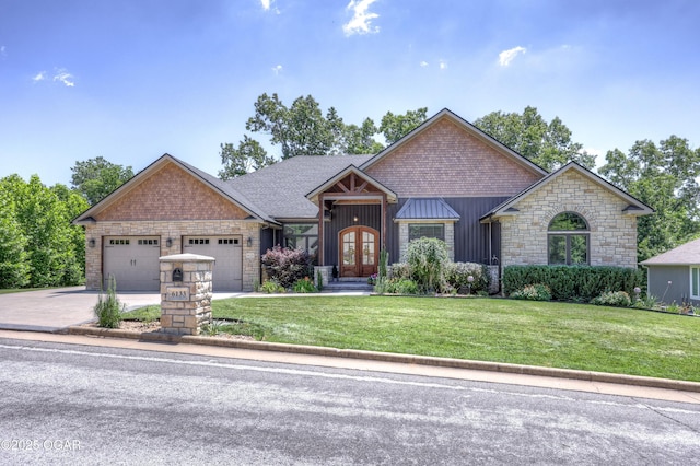 6133 Ridgeview Ct, Joplin, MO 64804 - craftsman house featuring a garage, a front yard, stone siding, french doors, and driveway