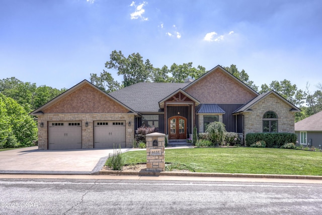 6133 Ridgeview Ct, Joplin, MO 64804 - craftsman-style home featuring french doors, stone siding, a garage, a front lawn, and concrete driveway