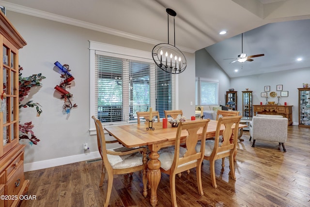 6133 Ridgeview Ct, Joplin, MO 64804 - dining area featuring lofted ceiling, wood finished floors, ceiling fan, recessed lighting, and a chandelier