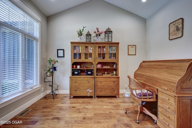 6133 Ridgeview Ct, Joplin, MO 64804 - home office featuring light wood finished floors, lofted ceiling, and recessed lighting