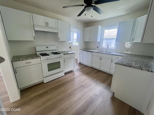 828 S Porter Ave, Joplin, MO 64801 - kitchen with white appliances, under cabinet range hood, light wood-type flooring, and stone countertops