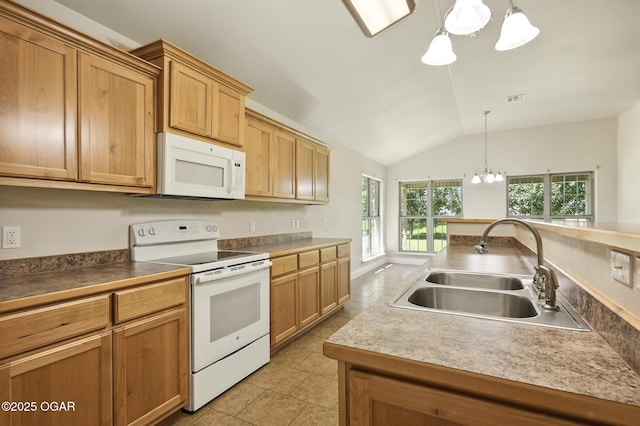 305 Dogwood Trails Loop, Carl Junction, MO 64834 - kitchen with a chandelier, white appliances, vaulted ceiling, pendant lighting, and light tile patterned floors