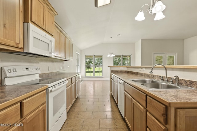305 Dogwood Trails Loop, Carl Junction, MO 64834 - kitchen featuring white appliances, a chandelier, lofted ceiling, hanging light fixtures, and light tile patterned floors
