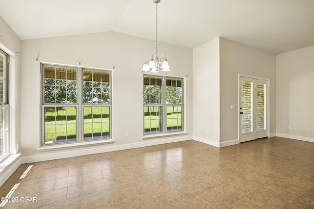 305 Dogwood Trails Loop, Carl Junction, MO 64834 - unfurnished dining area with healthy amount of natural light, a chandelier, tile patterned flooring, and vaulted ceiling