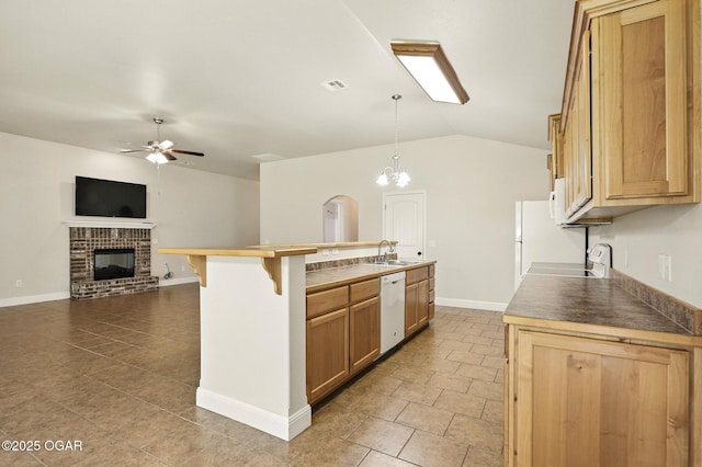 305 Dogwood Trails Loop, Carl Junction, MO 64834 - kitchen with dishwasher, a ceiling fan, vaulted ceiling, tile patterned flooring, and open floor plan