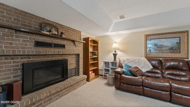 21974 S 1825th Rd, Milo, MO 64767 - living room with a fireplace, carpet flooring, and a textured ceiling