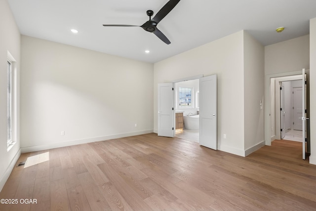 5077 Eagle Valley Dr, Joplin, MO 64804 - unfurnished bedroom with light wood finished floors, recessed lighting, ensuite bathroom, and a ceiling fan