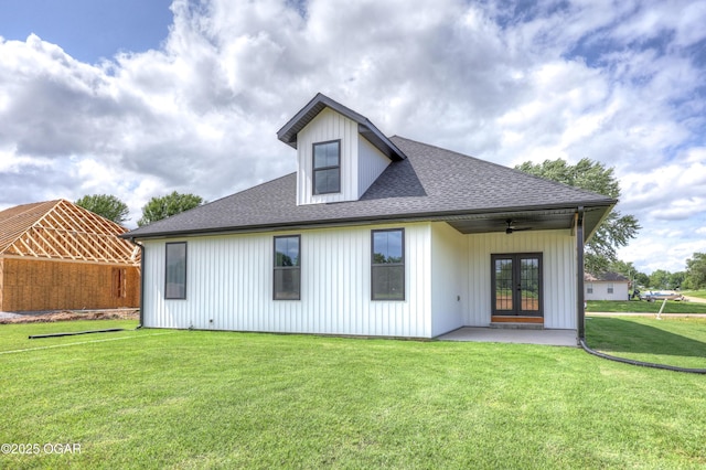 4308 Par Ln, Joplin, MO 64804 - rear view of property with french doors, a yard, roof with shingles, a ceiling fan, and a patio