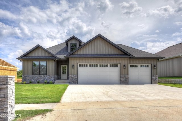 4402 Par Ln, Joplin, MO 64804 - craftsman house featuring a garage, driveway, a front lawn, stone siding, and roof with shingles