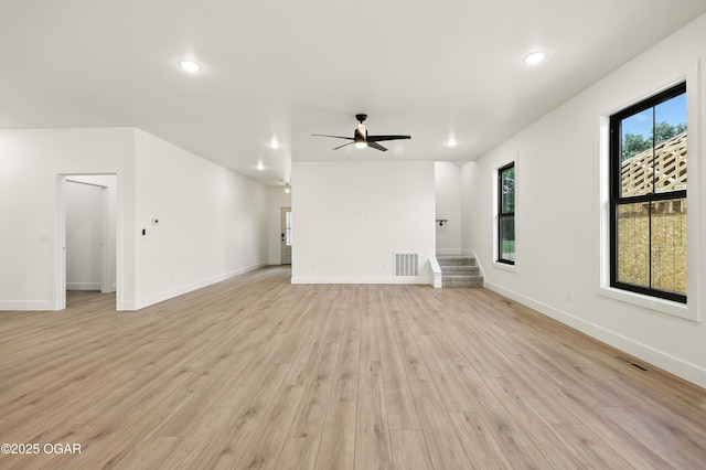 4402 Par Ln, Joplin, MO 64804 - unfurnished living room featuring ceiling fan, light wood-style flooring, stairway, and recessed lighting