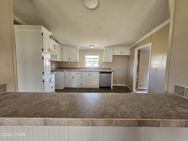 205 College St, Stark City, MO 64866 - kitchen featuring stainless steel dishwasher, crown molding, dark wood-style flooring, a textured ceiling, and white cabinets