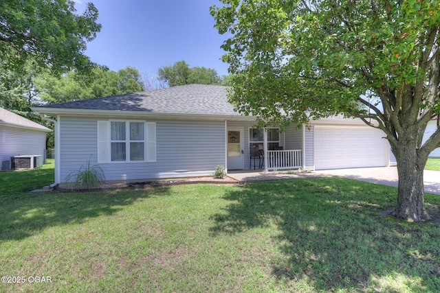 1717 Logan Drive `, Webb City, MO 64870 - ranch-style home with an attached garage, a porch, driveway, a front yard, and roof with shingles