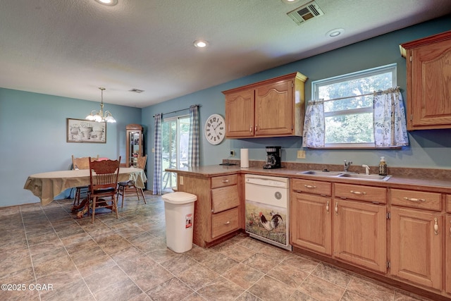 1717 Logan Drive `, Webb City, MO 64870 - kitchen featuring dishwasher, a textured ceiling, a peninsula, a chandelier, and recessed lighting