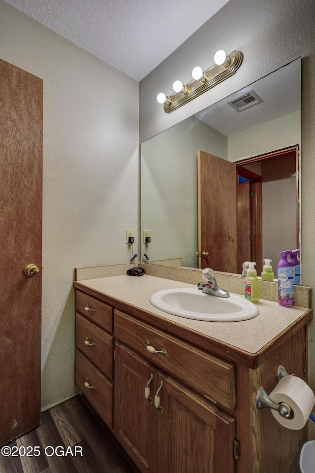 1717 Logan Drive `, Webb City, MO 64870 - bathroom with vanity, wood finished floors, and a textured ceiling