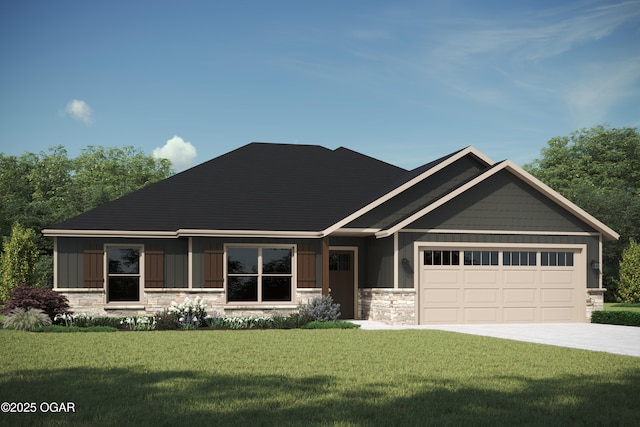 1220 Sheila Ann Dr, Carthage, MO 64836 - craftsman-style house featuring stone siding, a garage, board and batten siding, driveway, and a front yard