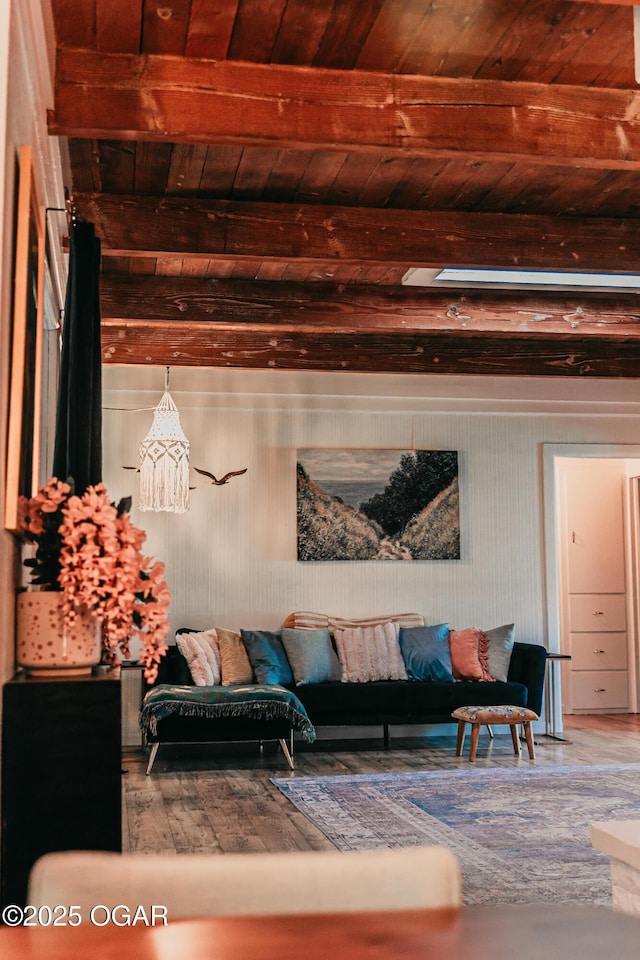 706 S Broadview Dr, Springfield, MO 65809 - living room with hardwood / wood-style flooring, a wood ceiling with exposed beams, and a chandelier