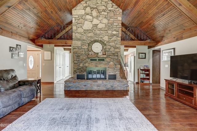 204 Split Rail Dr, Joplin, MO 64801 - living room with high vaulted ceiling, wooden ceiling, wood finished floors, and a fireplace