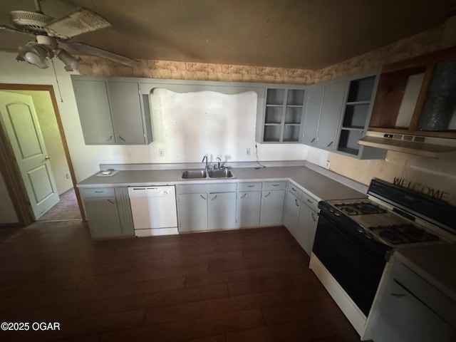 416 E 4th St, Baxter Springs, KS 66713 - kitchen featuring white dishwasher, gas stove, open shelves, a ceiling fan, and under cabinet range hood