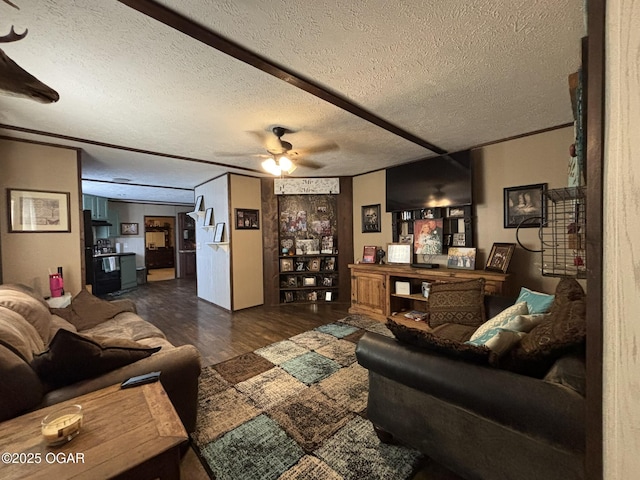 7575AND 7627 Amarillo Ln, Seneca, MO 64865 - living room featuring a textured ceiling, a ceiling fan, wood finished floors, and ornamental molding