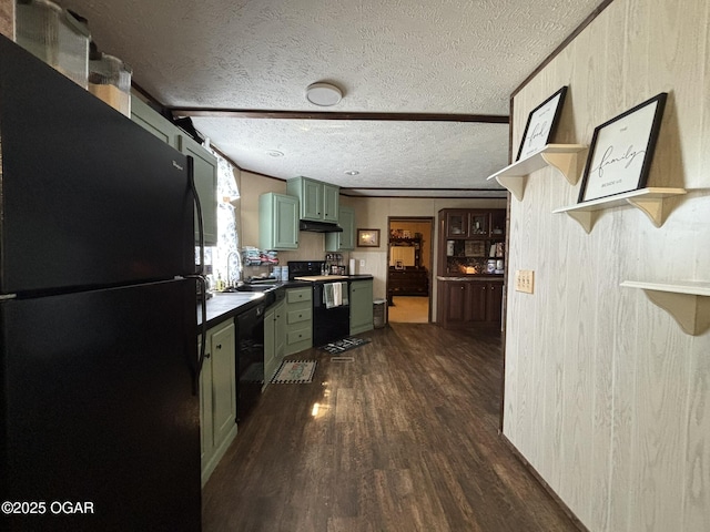 7575AND 7627 Amarillo Ln, Seneca, MO 64865 - kitchen with green cabinets, black appliances, open shelves, a textured ceiling, and dark wood-type flooring