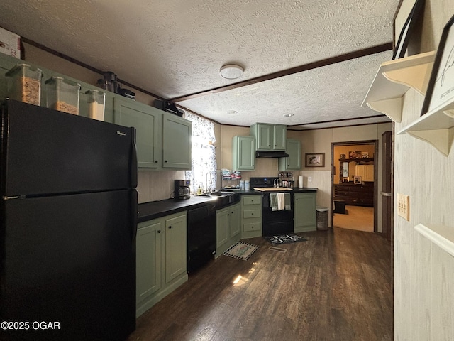 7575AND 7627 Amarillo Ln, Seneca, MO 64865 - kitchen with black appliances, green cabinetry, dark wood-type flooring, dark countertops, and a textured ceiling