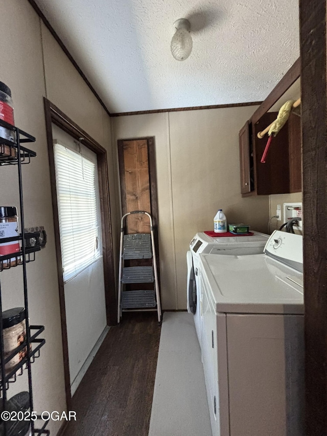 7575AND 7627 Amarillo Ln, Seneca, MO 64865 - washroom with washing machine and clothes dryer, wood finished floors, a textured ceiling, and cabinet space