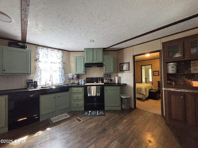 7575AND 7627 Amarillo Ln, Seneca, MO 64865 - kitchen with green cabinetry, black appliances, dark wood-style floors, under cabinet range hood, and a textured ceiling
