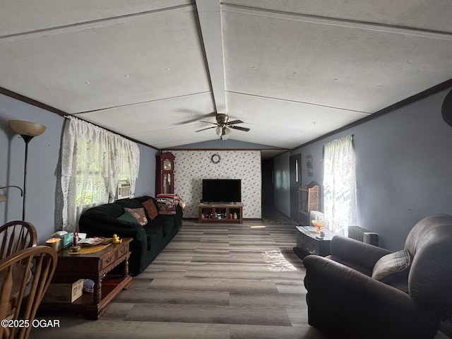 7575AND 7627 Amarillo Ln, Seneca, MO 64865 - living room with ceiling fan, wood finished floors, vaulted ceiling, plenty of natural light, and crown molding