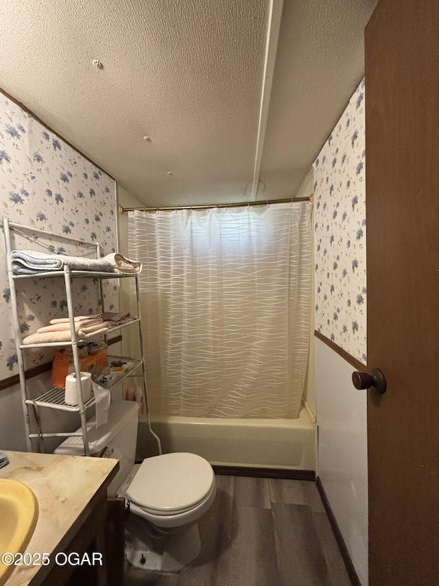 7575AND 7627 Amarillo Ln, Seneca, MO 64865 - full bath with wallpapered walls, wood finished floors, shower / bathtub combination with curtain, vanity, and a textured ceiling