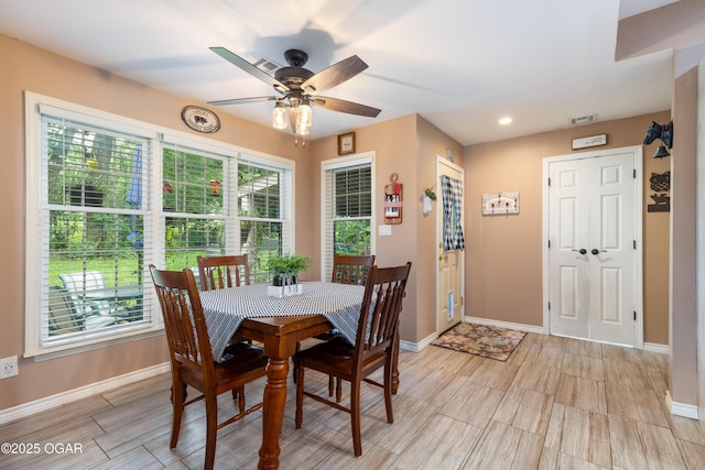 3101 Shore Dr, Grove, OK 74344 - dining space featuring a ceiling fan, light wood-type flooring, and recessed lighting