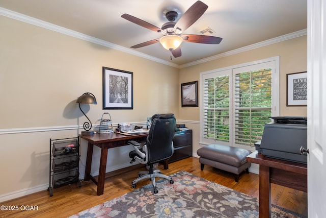 3101 Shore Dr, Grove, OK 74344 - office area featuring a ceiling fan, ornamental molding, and wood finished floors