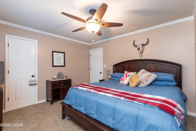 3101 Shore Dr, Grove, OK 74344 - bedroom with light carpet, ornamental molding, and ceiling fan